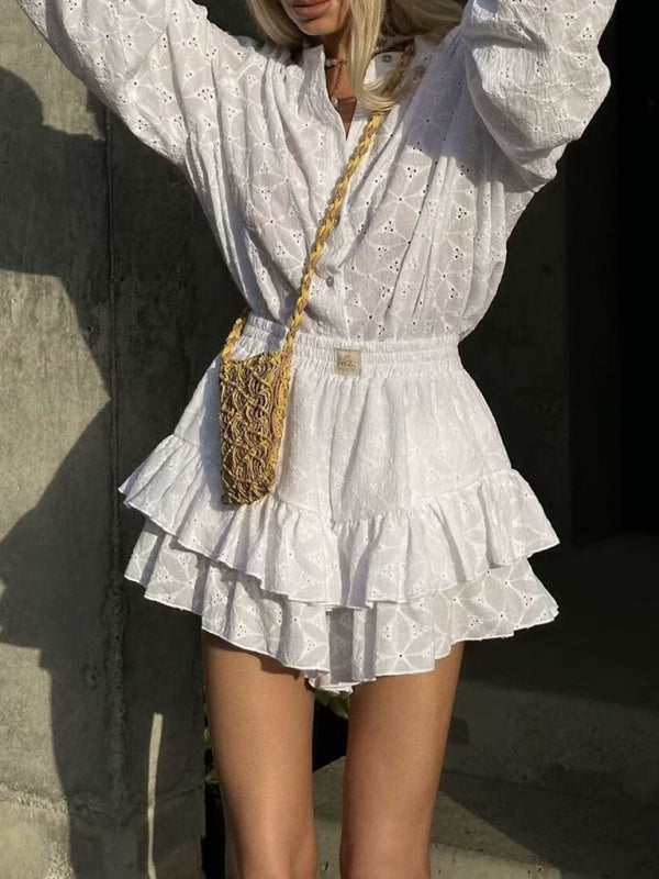 Summer Outfits- Vacay Look Women's Eyelet Shorts & Lantern Sleeves Blouse- - Pekosa Women Fashion