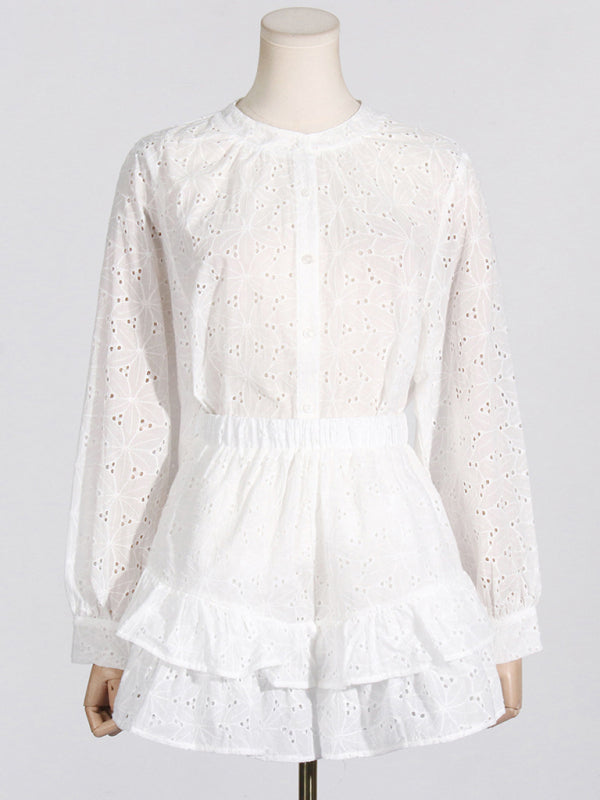 Summer Outfits- Vacay Look Women's Eyelet Shorts & Lantern Sleeves Blouse- - Pekosa Women Fashion