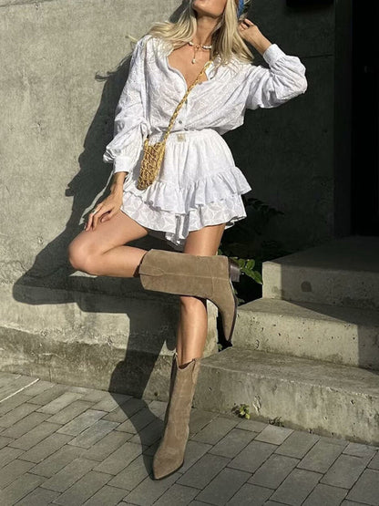 Summer Outfits- Vacay Look Women's Eyelet Shorts & Lantern Sleeves Blouse- - Pekosa Women Fashion