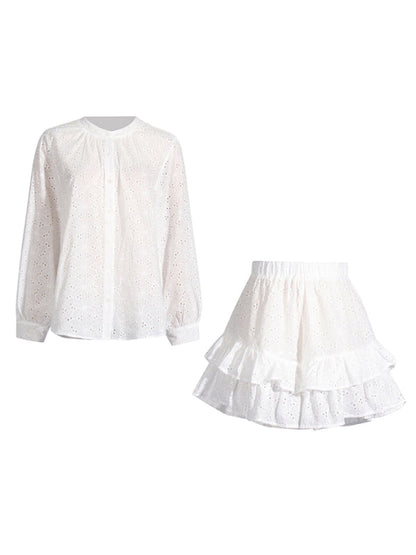 Summer Outfits- Vacay Look Women's Eyelet Shorts & Lantern Sleeves Blouse- - Pekosa Women Fashion