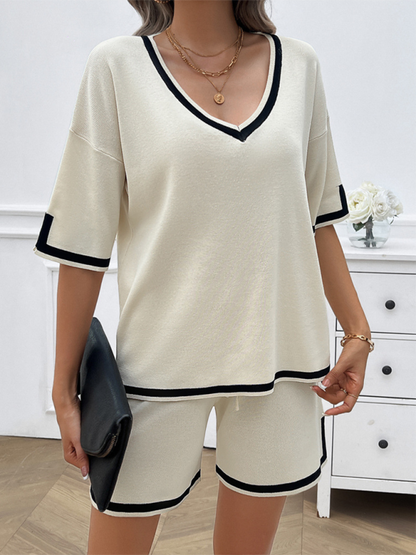 Summer Outfits- Women Relaxed Solid T-shirt and Shorts Set with Contrasting Trim- - Pekosa Women Fashion