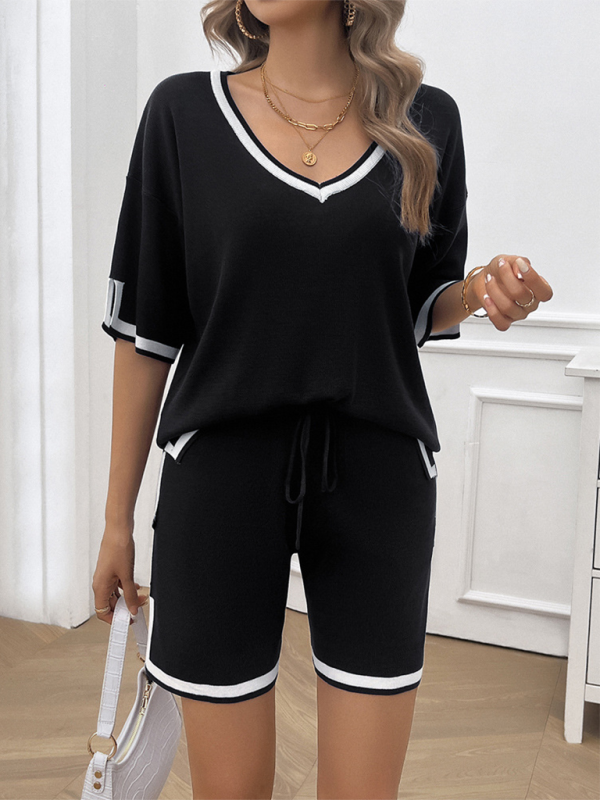 Summer Outfits- Women Relaxed Solid T-shirt and Shorts Set with Contrasting Trim- - Pekosa Women Fashion