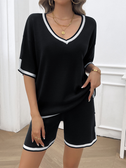 Summer Outfits- Women Relaxed Solid T-shirt and Shorts Set with Contrasting Trim- - Pekosa Women Fashion