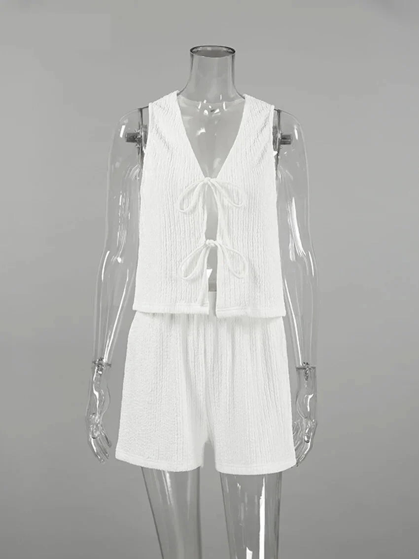 Textured Shorts & Tie-Up Vest Set for Women