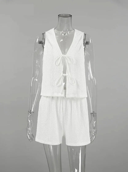 Textured Shorts & Tie-Up Vest Set for Women