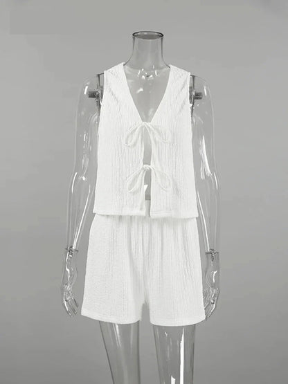 Textured Shorts & Tie-Up Vest Set for Women