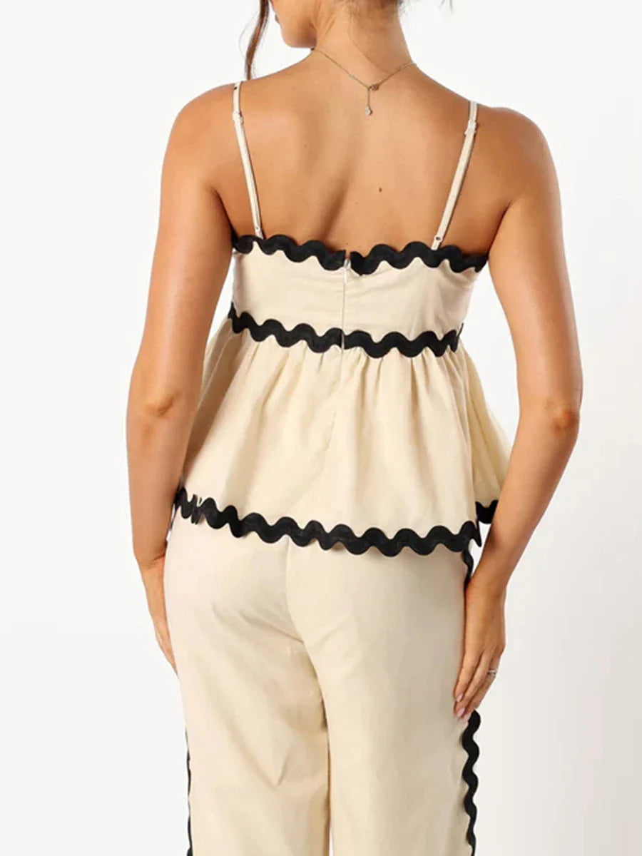 Peplum Cami Top & Pants Set with Ric-Rac Contrast for Women