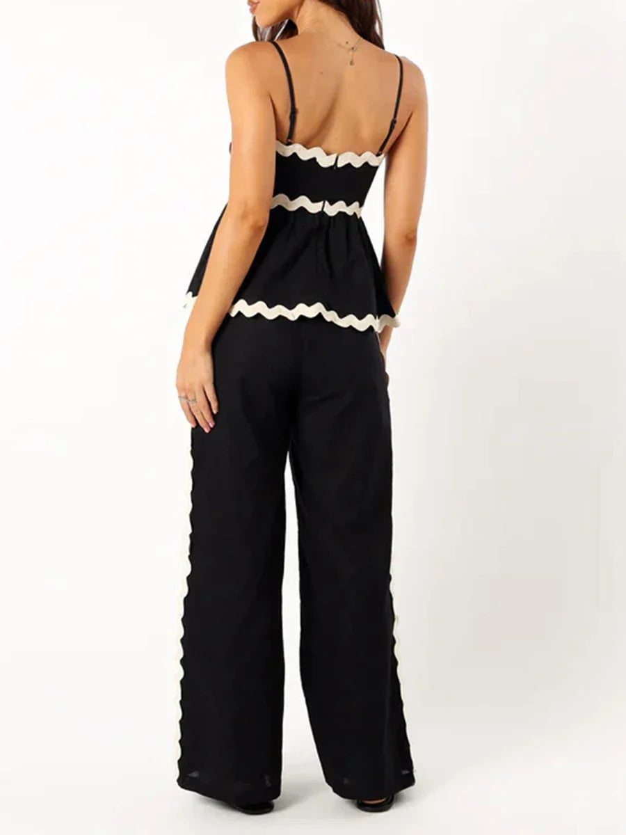 Peplum Cami Top & Pants Set with Ric-Rac Contrast for Women