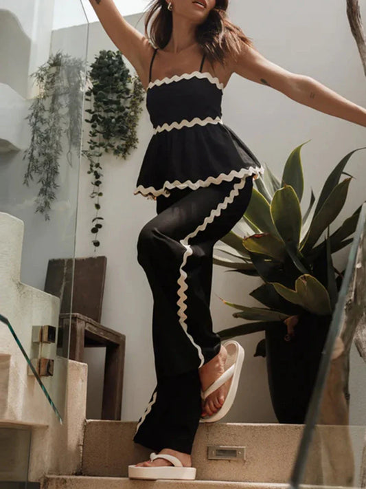 Peplum Cami Top & Pants Set with Ric-Rac Contrast for Women