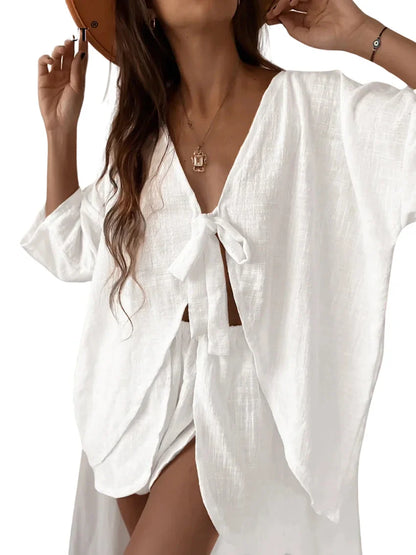 Women's Tie-Front Blouse & Shorts Set in Relaxed Cotton