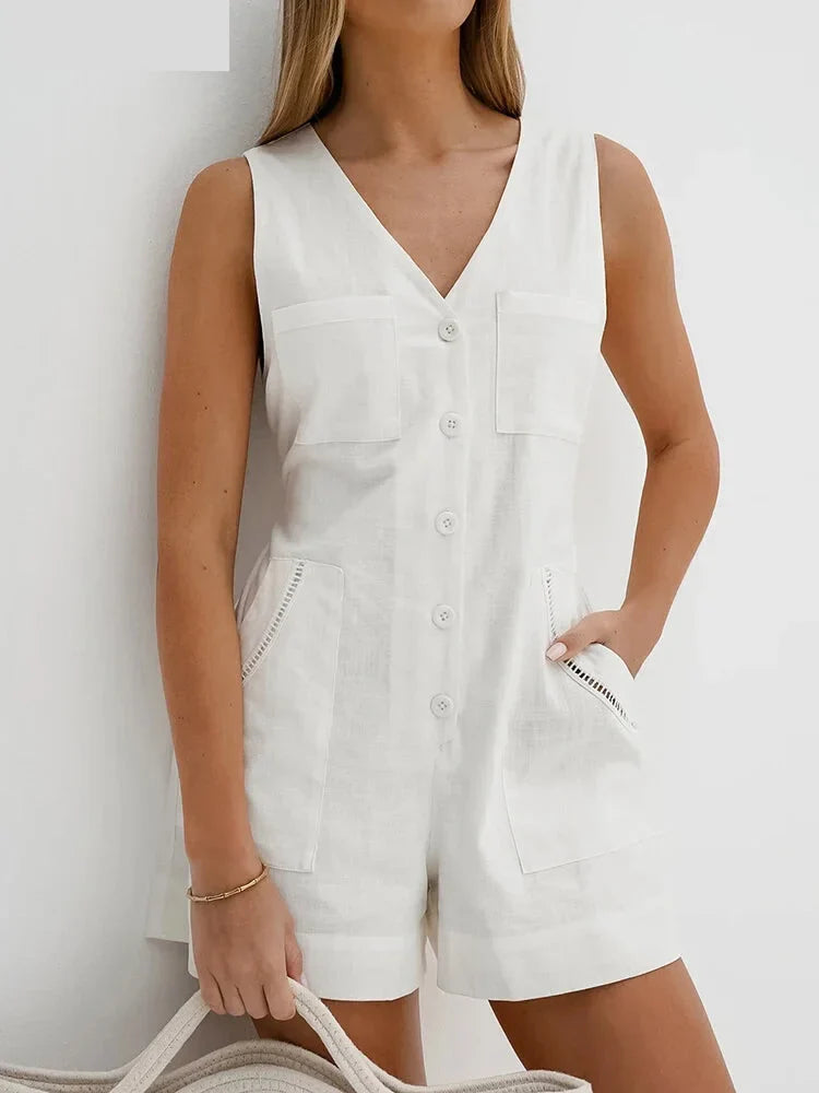 Solid Cotton Button-Up Romper for Summer Walks