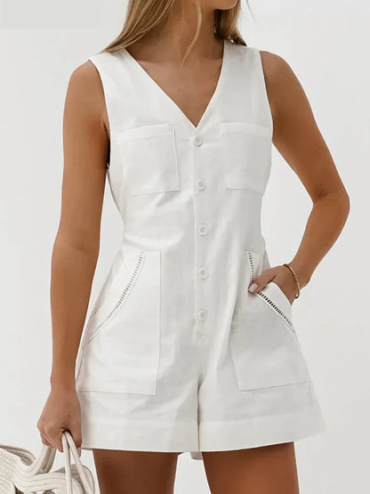 Solid Cotton Button-Up Romper for Summer Walks