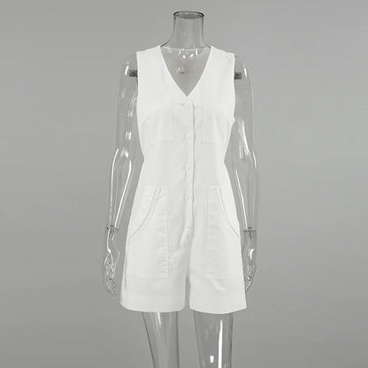 Solid Cotton Button-Up Romper for Summer Walks