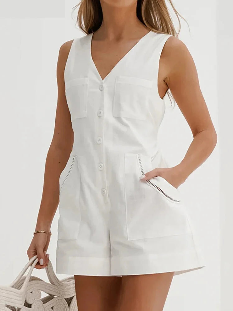 Solid Cotton Button-Up Romper for Summer Walks