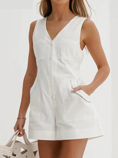 Solid Cotton Button-Up Romper for Summer Walks