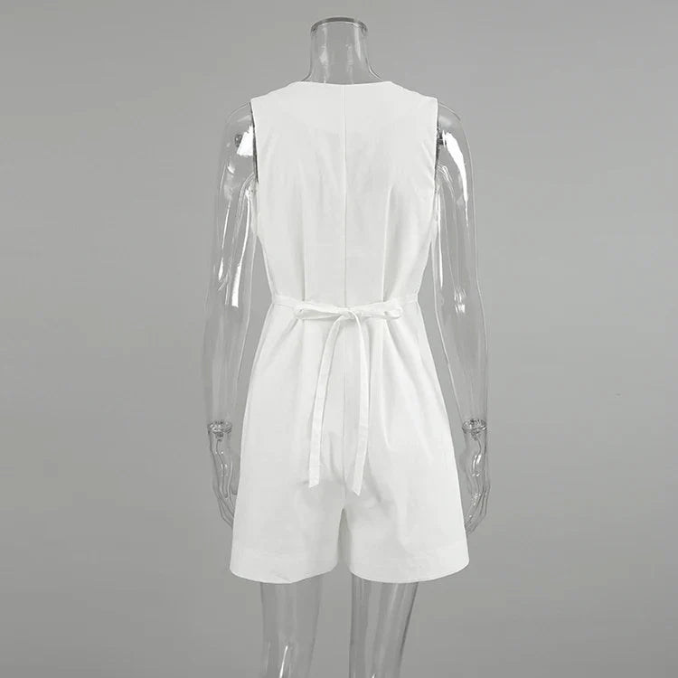 Solid Cotton Button-Up Romper for Summer Walks