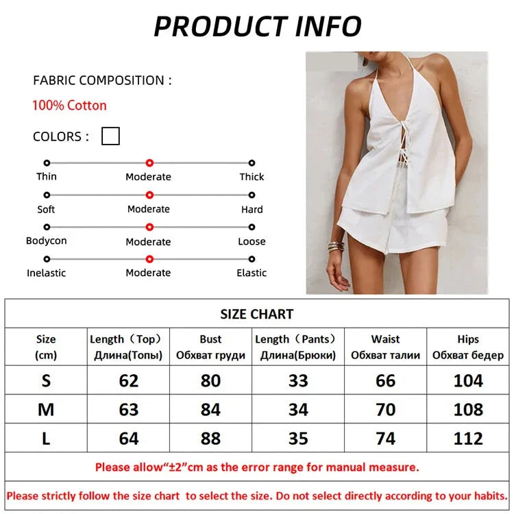 White Halter Tie-Up Top & Lined Shorts Set for Women