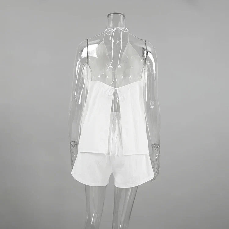 White Halter Tie-Up Top & Lined Shorts Set for Women