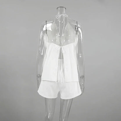 White Halter Tie-Up Top & Lined Shorts Set for Women