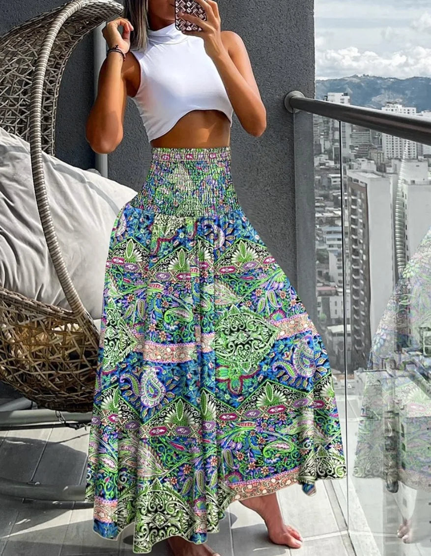 Summer Skirts- Floral Skirt Perfect for Beach Adventures- Green- Pekosa Women Fashion