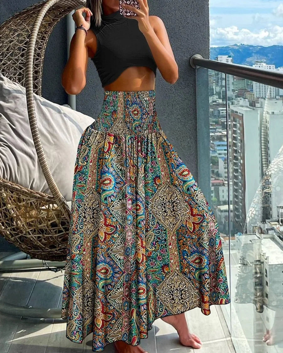 Summer Skirts- Floral Skirt Perfect for Beach Adventures- Blue print- Pekosa Women Fashion