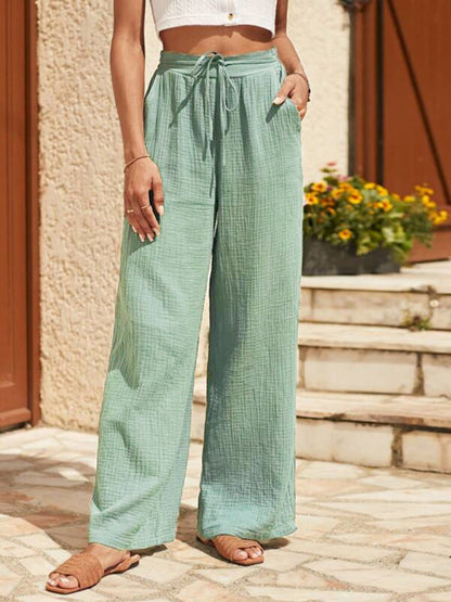 Summer Pants- Summer Essential Textured Wide-Leg Pants for Women- Pale green- Pekosa Women Fashion