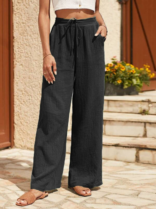 Summer Pants- Summer Essential Textured Wide-Leg Pants for Women- Black- Pekosa Women Fashion