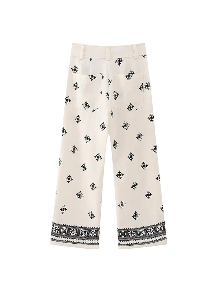 Pantalon en lin brodé à fleurs pour femmes