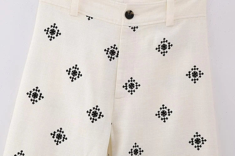 Pantalon en lin brodé à fleurs pour femmes