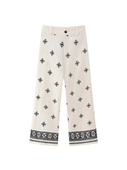 Pantalon en lin brodé à fleurs pour femmes