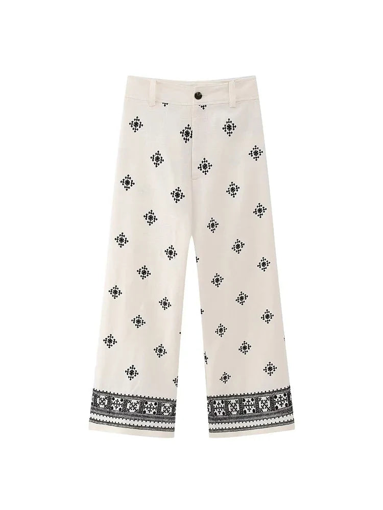 Pantalon en lin brodé à fleurs pour femmes