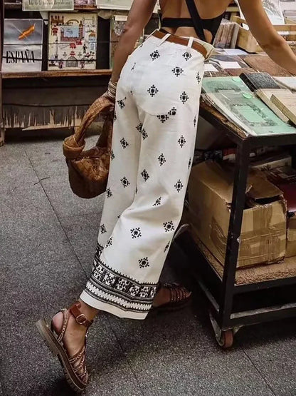 Pantalon en lin brodé à fleurs pour femmes