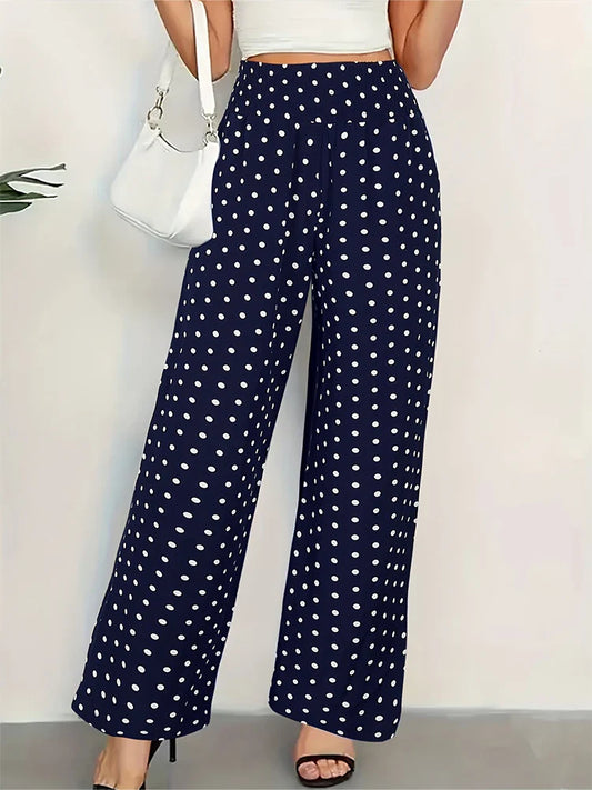 Summer Pants- Women's Pants with Wide Waistband and Polka Dot Design- Blue Navy- Pekosa Women Fashion