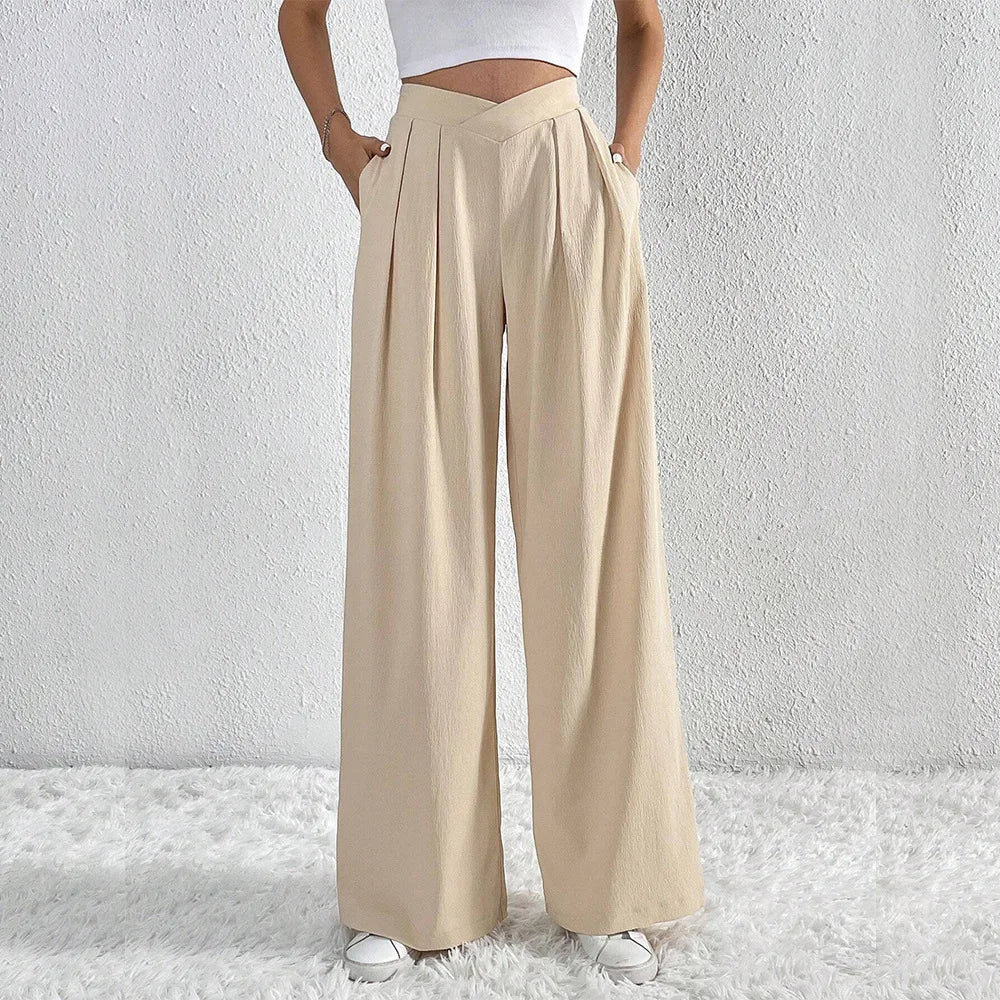 Summer Pants- Women Elegant Pleated Wide-Leg Trousers for Any Season- Khaki- Pekosa Women Fashion