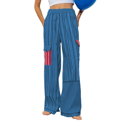 Summer Pants- Striped Patchwork Lounge Pants for Women's Beach Lounging- Dark blue- Pekosa Women Fashion