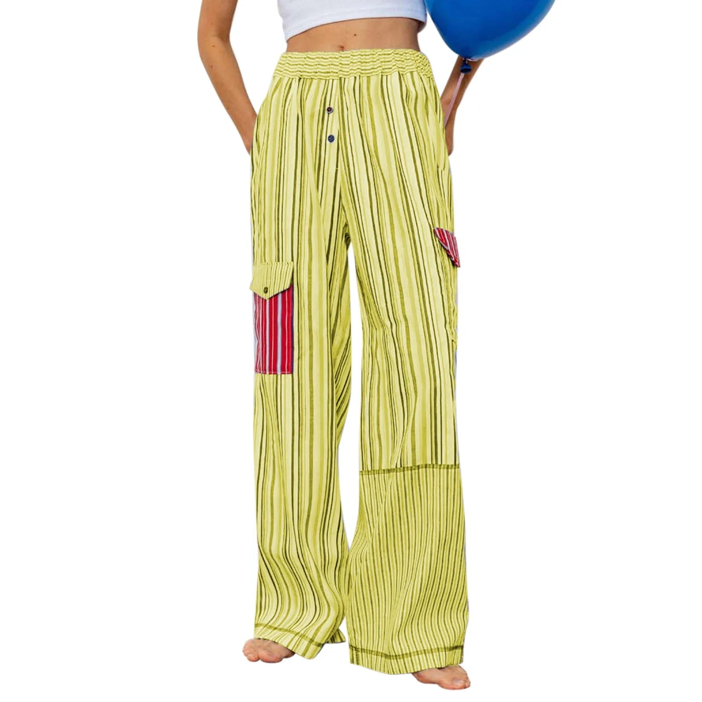 Summer Pants- Striped Patchwork Lounge Pants for Women's Beach Lounging- Yellow- Pekosa Women Fashion