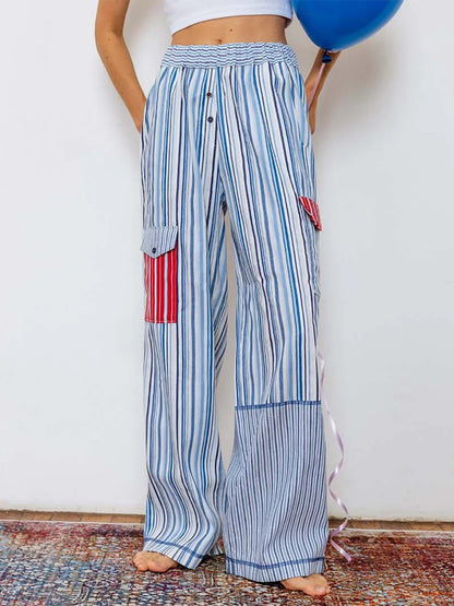 Summer Pants- Striped Patchwork Lounge Pants for Women's Beach Lounging- - Pekosa Women Fashion