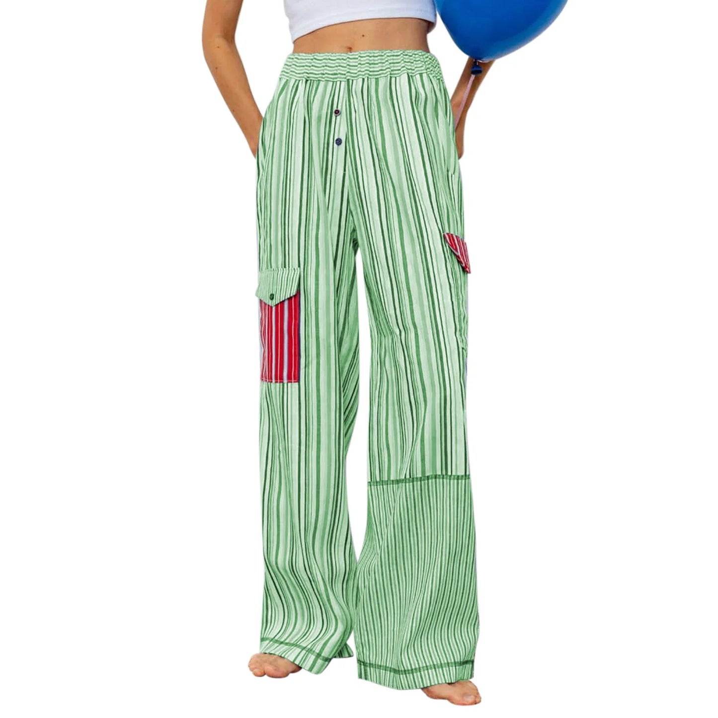 Summer Pants- Striped Patchwork Lounge Pants for Women's Beach Lounging- Green- Pekosa Women Fashion