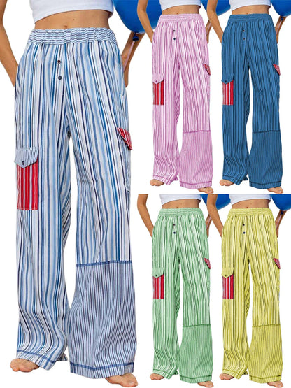 Summer Pants- Striped Patchwork Lounge Pants for Women's Beach Lounging- - Pekosa Women Fashion