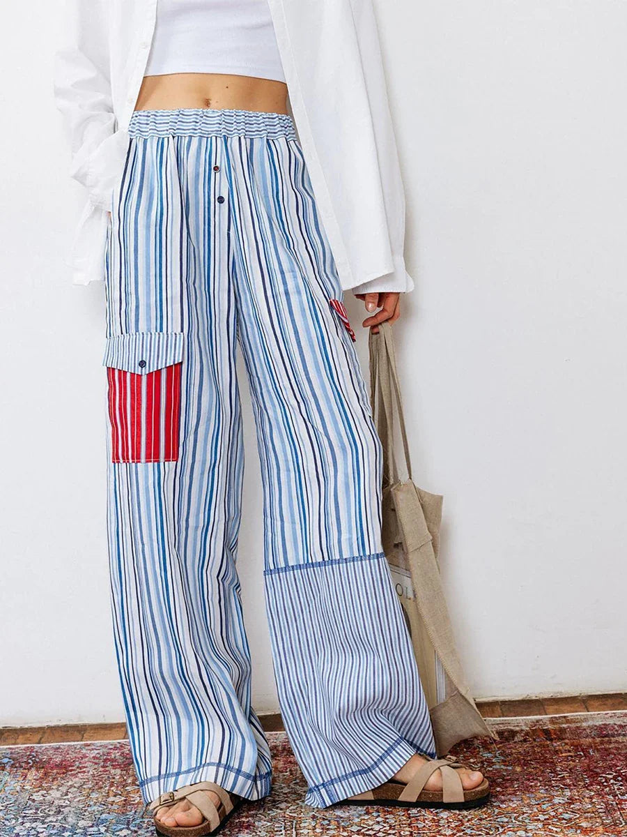 Summer Pants- Striped Patchwork Lounge Pants for Women's Beach Lounging- - Pekosa Women Fashion