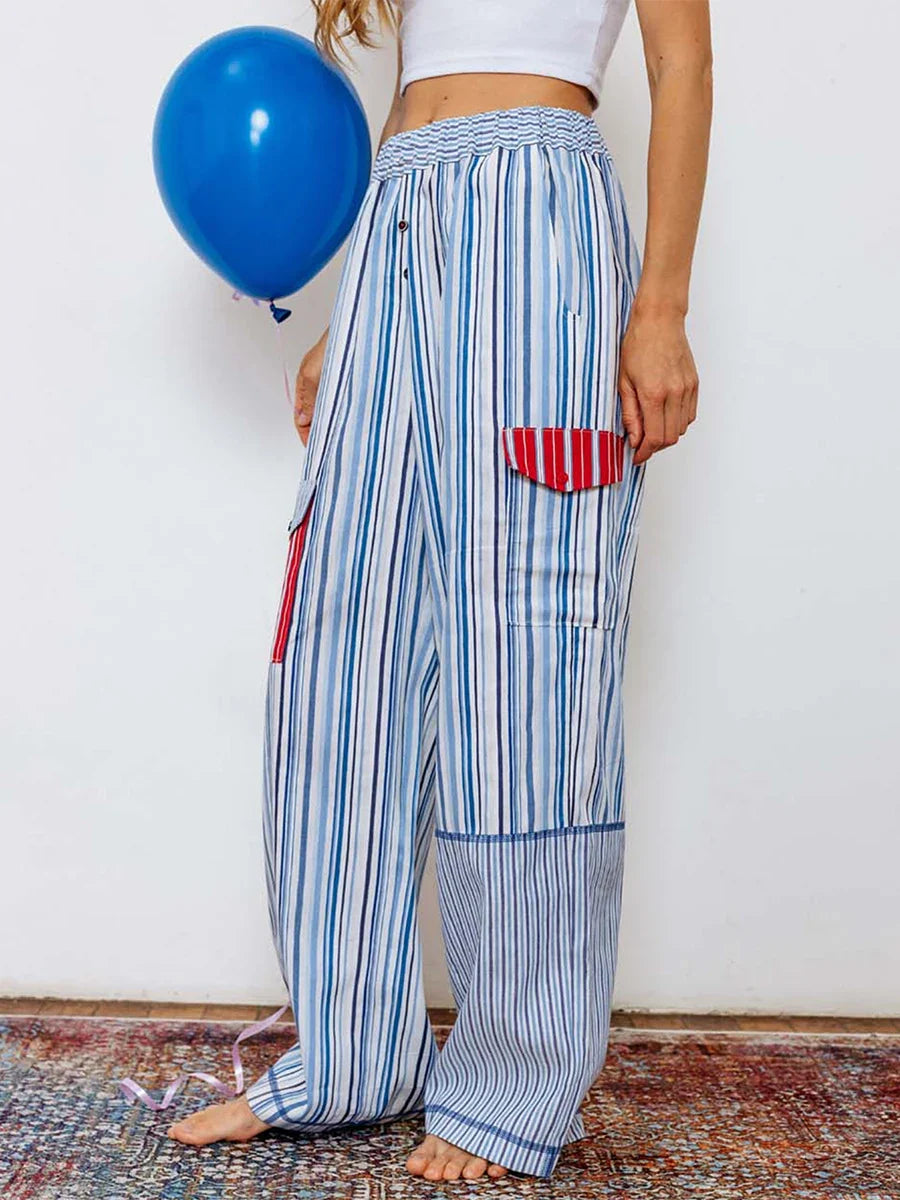 Summer Pants- Striped Patchwork Lounge Pants for Women's Beach Lounging- - Pekosa Women Fashion