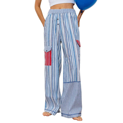 Summer Pants- Striped Patchwork Lounge Pants for Women's Beach Lounging- Blue- Pekosa Women Fashion