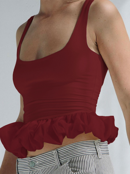 Summer Tops- Fitted Peplum Sleeveless Top for Women- Wine Red- Pekosa Women Fashion