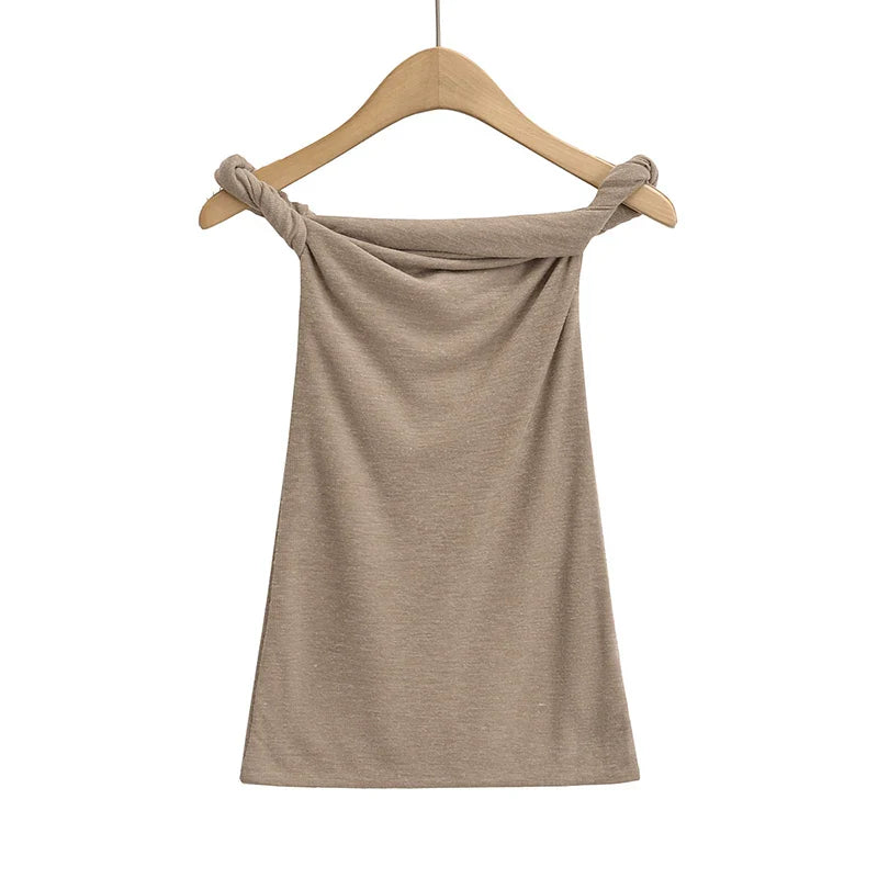 Summer Tops- Slim Fit Knit-Like Top Casual Off-Shoulder Style- Khaki- Pekosa Women Fashion