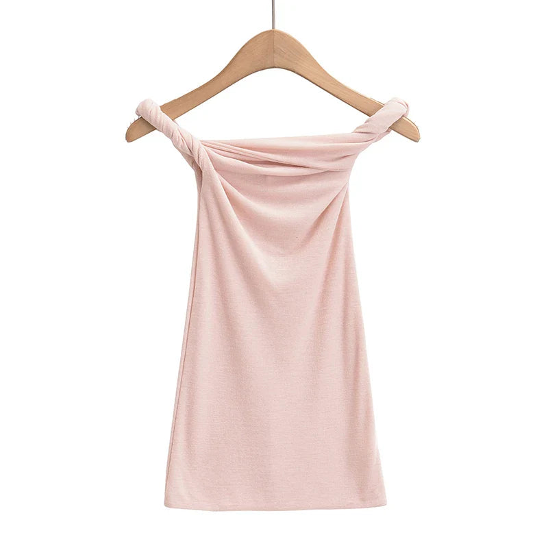 Summer Tops- Slim Fit Knit-Like Top Casual Off-Shoulder Style- Pink- Pekosa Women Fashion