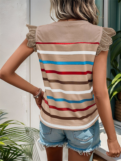 Summer Tops- Striped Blouse Women's Colorful Top with Frill Lace Shoulders- - Pekosa Women Fashion