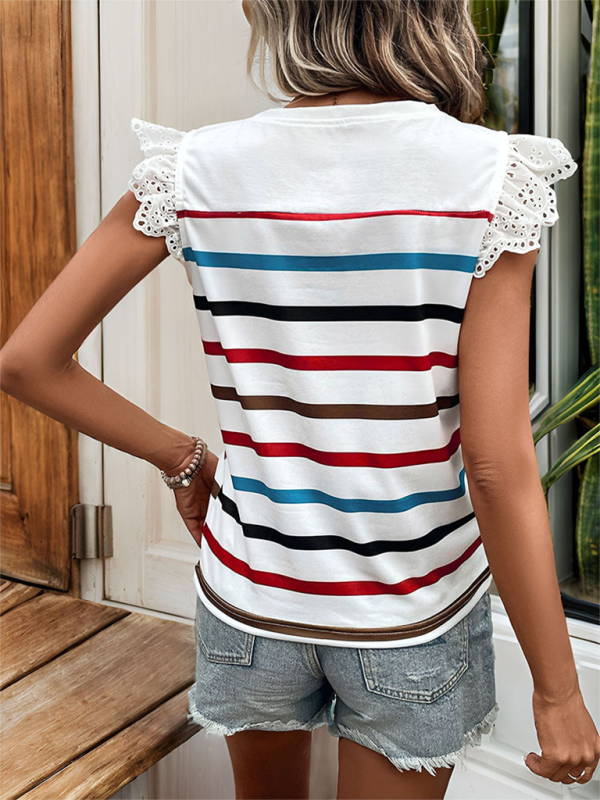 Summer Tops- Striped Blouse Women's Colorful Top with Frill Lace Shoulders- - Pekosa Women Fashion