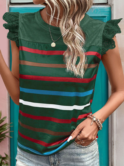 Summer Tops- Striped Blouse Women's Colorful Top with Frill Lace Shoulders- - Pekosa Women Fashion