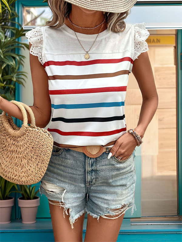 Summer Tops- Striped Blouse Women's Colorful Top with Frill Lace Shoulders- - Pekosa Women Fashion