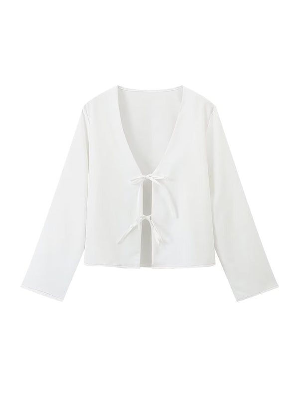 Summer Tops - Trendy Beach Day White Tie-Up Blouse for Women